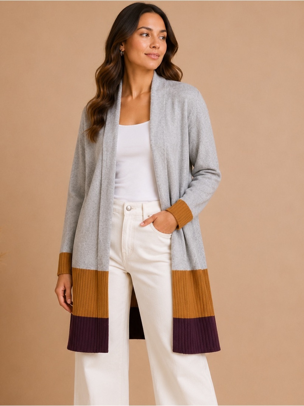 Staccato Light Gray Open-Front Cardigan with Mustard and Plum Trim